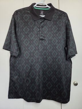 🌷George Men's L Black and Green Geometric Polo Golf Shirt Short Sleeve